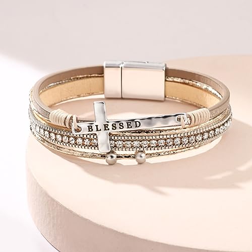 Fesciory Leather Wrap Bracelet for Women, Boho Western Layered Cuff Jewelry Khaki2