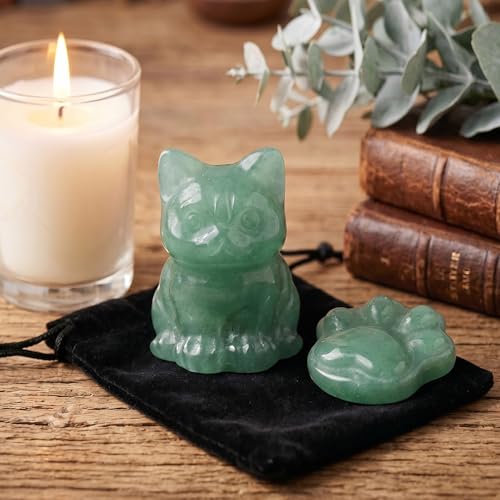 2 Pack Natural Crystal Cat & Paw Statue, Green Aventurine Healing Stones, Office Desk Decor Crystal Gifts Aventurine — Wealth