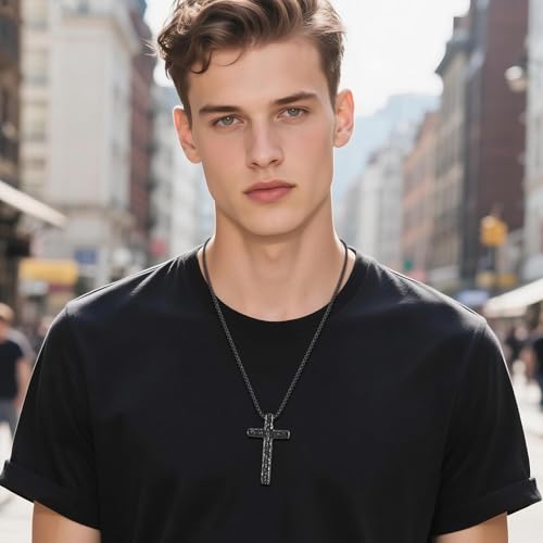 Cupimatch Men's Chunky Cross Necklace: Religious Stainless Steel Pendant, Retro Punk Christian Faith Jewelry Gift for Father's Day black