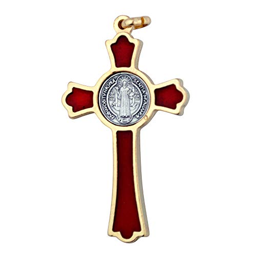 VILLAGE GIFT IMPORTERS 2" Small Saint Benedict Cross Pendant - 4 Styles - Works as Keychain or Necklace Charm - Christian Jewelry Red with Gold