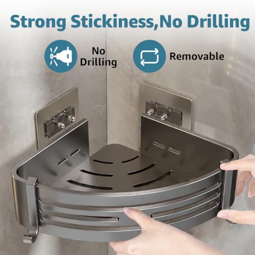Gray 2-tier adhesive corner shower caddy by Pesnftr, no drilling aluminum bathroom storage shelf for organizing shower essentials.