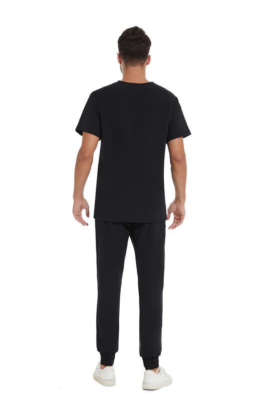 [Australia - AusPower] - Men Scrubs Set — Stretch V-Neck Scrub Top & Jogger Pant with 8 Pockets, Yoga Waistband, Anti-Wrinkle Scrubs for Men Black Medium 