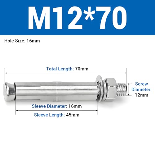 MOUMOUTEN M12 x 70mm 304 stainless steel expansion bolts with hex anchors, 4-piece set