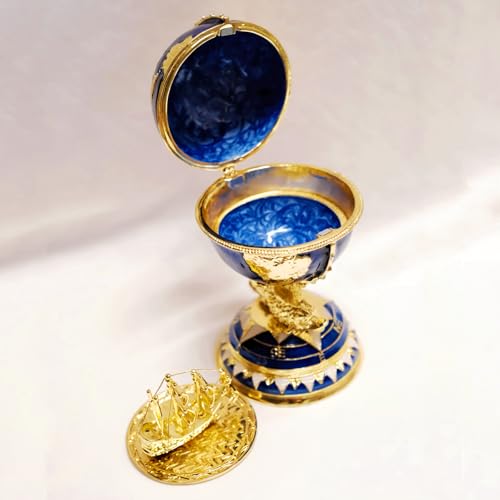 Blue and gold enameled decorative globe jewelry box with world map design, ideal for storing trinkets and jewelry.