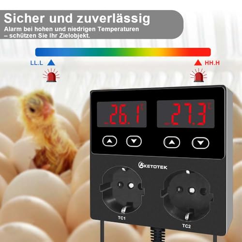 Ketotek KT99pro Dual Temperature Controller 230 V with Waterproof Sensor | Output 10A Relay, Socket Thermostat for Aquarium Reptile Brewing, Fermentation, Breeding, Incubation, Greenhouse