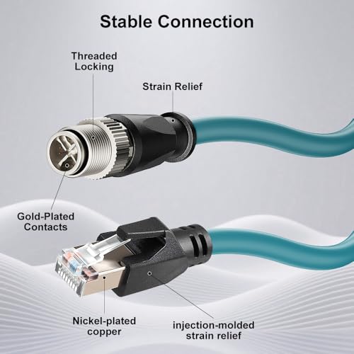 Alvin's Cables M12 8 Pin X Code to RJ45 Industrial Ethernet Cable for Cognex in Sight 8200 8400 Series IP67 Waterproof Shielded Cord for Industrial Camera 16.4ft/5M 5M/16.4FT Straight 8 Pin Green