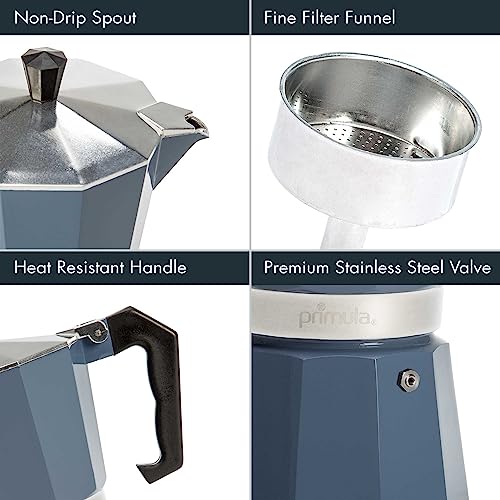 Primula Classic Moka Pot Stovetop Espresso and Coffee Maker, Italian and Cuban Cafetera for Rich Espresso Brewing, Durable Aluminum Greca Coffee Maker with Easy Grip Handle, 6-Cup, Blue 6 Cup