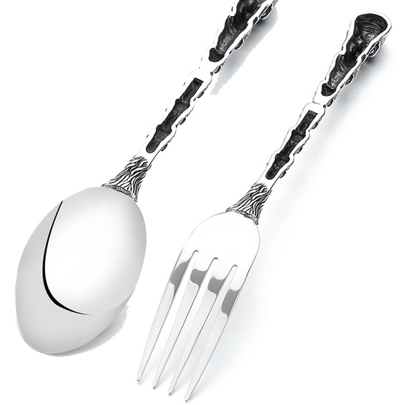 Skull Motif Serving Spoon Fork Set, Premium Stainless Steel Fork Spoon Silverware Set, Unique styles 3D Skulls, Dishwasher Safe, for Home, Kitchen, or Halloween Decorations