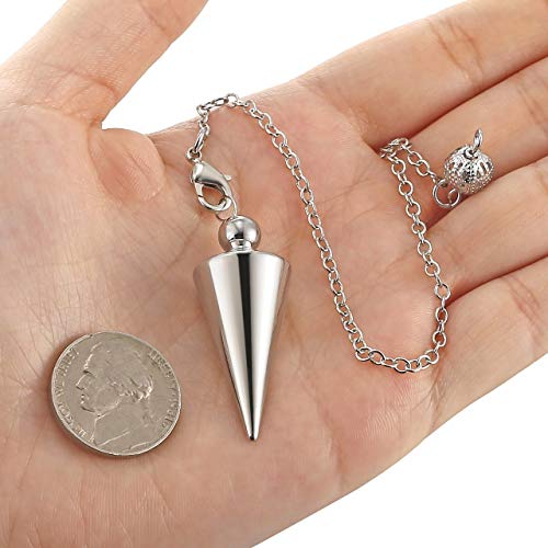 PESOENTH Copper Metal Dowsing Pendulum Divination Dower Reiki Healing Pendulum Chain,Silver Spiral Coil Point Meditation Yoga Balancing Pendant (Silver (Solid Cone)) Silver (Solid Cone)