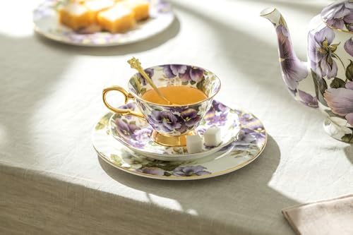 Grace Teaware Purple Pansy Gold Bone China Tea Cup and Saucer with Gold Trim