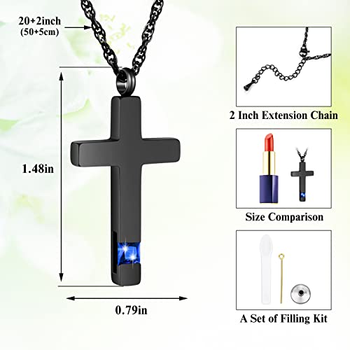 Dletay Cross Necklace for Ashes Stainless Steel Cremation Jewelry for Ashes Gem Blue Zircon Urn Necklace for Men Women Ash Holder Black1