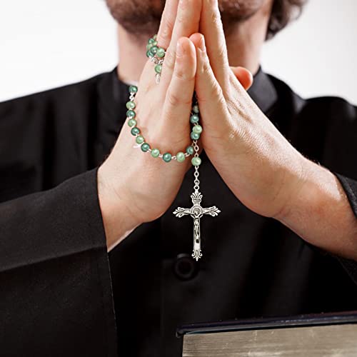 KOMI Catholic Rosary Beads for Women - Glass Pearl Beads Necklace with Saint Benedict Medal & Crucifix - Catolicos Rosary Gifts with Pouch Rosary-3
