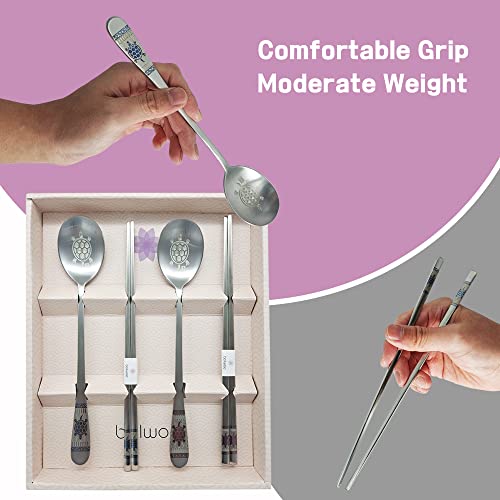 [Made in Korea] Hologram Turtle Design Korean Table Sticky Rice Spoon and Chopsticks 304 Stainless Steel Flat Chopsticks Matt Surface Mukbang Cutlery (Blue and Red) Blue and Red