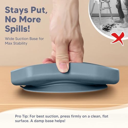 Baby Suction Plates and Bowls Set - 100% Food Grade Silicone Toddler Feeding Supplies for BLW | Stay-Put Divided Dish | Includes Bonus Bib, Cup & Soft Spoon/Fork (6-Piece) Blue