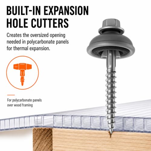 Polycarbonate 2-inch wood tapping screws with expansion cutters and sealing dome washers for outdoor fencing