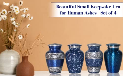Blue Small Urns for Human Ashes Female Male | Set of 4 Premium Mini Keepsake Urns with Four Velvet Bags A Paper Funnel and A Stunning Magnet Closer Gift Box Blue