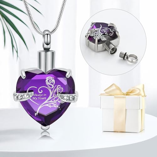 Crystal Heart Shape Cremation Jewelry Memorial Urn Necklace for Ashes, Stainless Steel Ash Holder Pendant Keepsake with Gift Box Charms Accessories for Women Silver-Purple