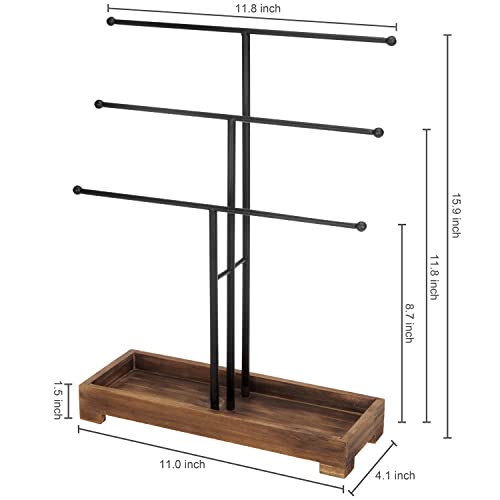 MyGift 3-Tier Black Metal T-Bar Jewelry Organizer Stand, Necklace and Bracelet Hanging Display with Brown Wood Ring Tray Black / Brown