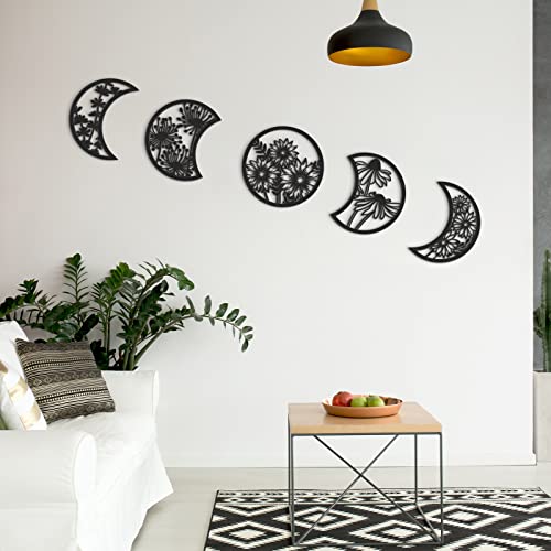 Jetec 5 Pcs Moon Phases Wall Art Decor, Wooden, Black, 10.6 Inch, Flower