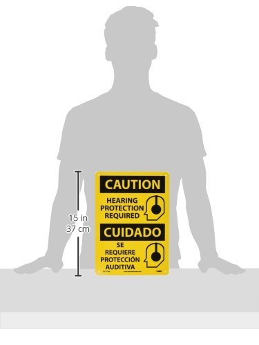 NMC ESC717RB Bilingual OSHA Sign, Legend "CAUTION - HEARING PROTECTION REQUIRED" with Graphic, 10" Length x 14" Height, Rigid Plastic, Black On Yellow