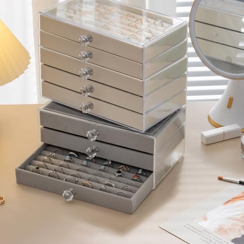SPAKOWN Ring Box Display Holder, Clear Velvet Jewelry Storage Tray Organizer for Ring Stud Earring (Grey - 5 Drawers) Grey