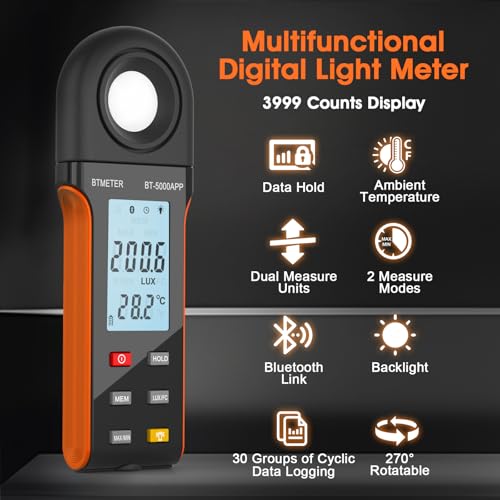 BTMETER orange illuminance light meter with Bluetooth and digital lumen photometer display