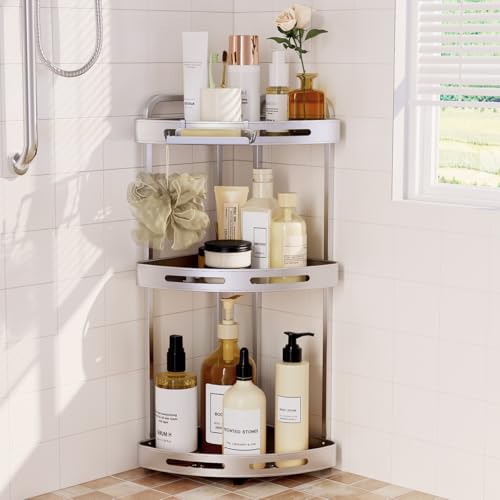 Silver 3-tier standing corner shower caddy by Binecer with multiple shelves for organizing bathroom essentials.