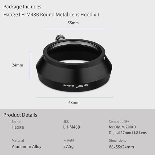 Haoge LH-M48B Metal Lens Hood Shade for Olympus M.ZUIKO Digital 17mm F1.8 17 1.8 Lens Replaces LH-48B Black [Black-Round-]