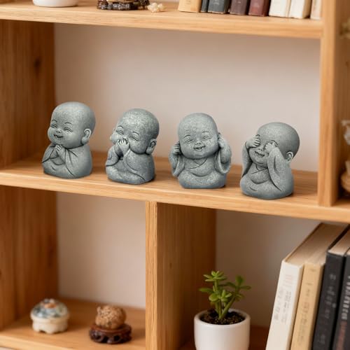 4Pcs Baby Buddha Statue Set, 2 Inch Mini Zen Monk, Sandstone Buddha for Desk Decor, Laughing Buddha for Good Luck, Car Dashboard, Home & Living Room Decor with Blessing Amulet