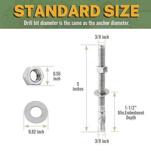 LIONMAX stainless steel 3/8 x 5 inch concrete wedge anchors, 20-piece set