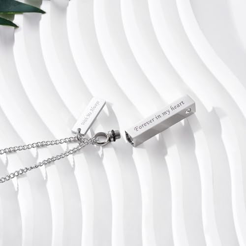 Crystal Black Cremation Jewelry for Ashes Silver Urn Necklace for Ashes, Birthstone Cube Urns Memorial Ashes Necklace Pendant Keepsake, Cremation Urn Jewelry Bar Locket With CZ 1 Pack Silver Keepsake