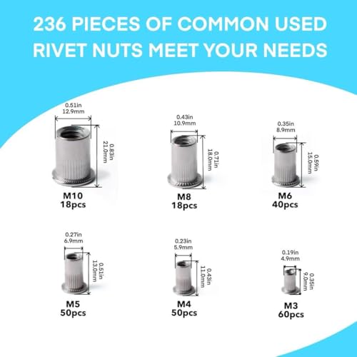 ieWeny 236-piece stainless steel metric rivet nut assortment kit with M3–M10 threaded inserts in silver