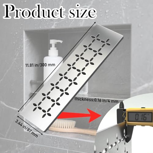 Floral Design Brushed Stainless Steel Shower Shelf for 12" Prefab Niches - Tool-Free Drop-in, Fits Standard 1/8 Inch Grout Lines (Matte Silver) 1 PACK