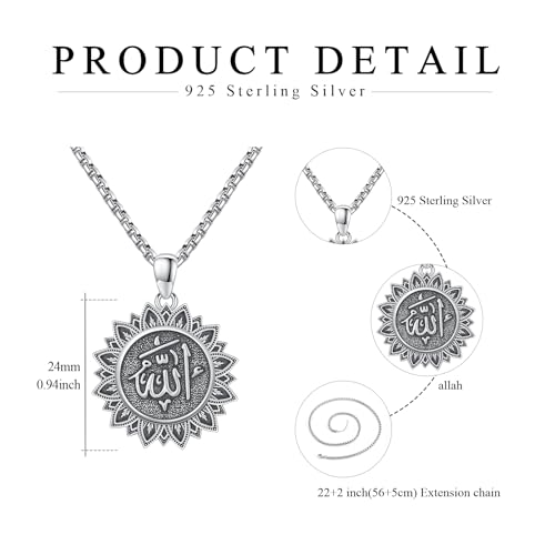 Allah Necklace 925 Sterling Silver Muslim Islam Pendant Arabic Lotus Necklace Muslim Islamic Religious Jewellery Gifts for Men Women