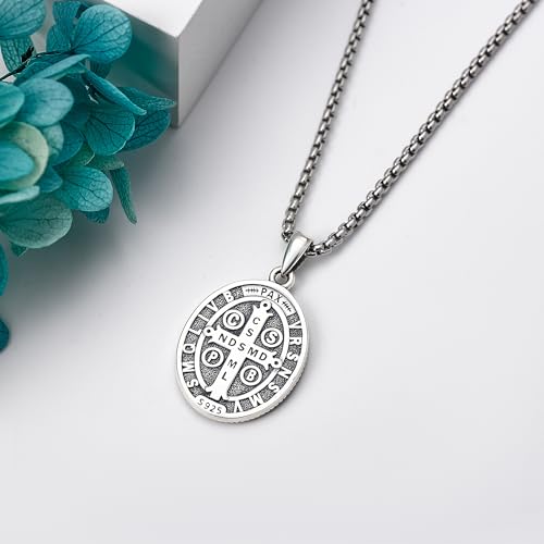 YAFEINI St Benedict Necklace 925 Sterling Silver Patron Saint Benedict Medal Pendant Amulet Protection Religious Jewellery Gifts for Women Men