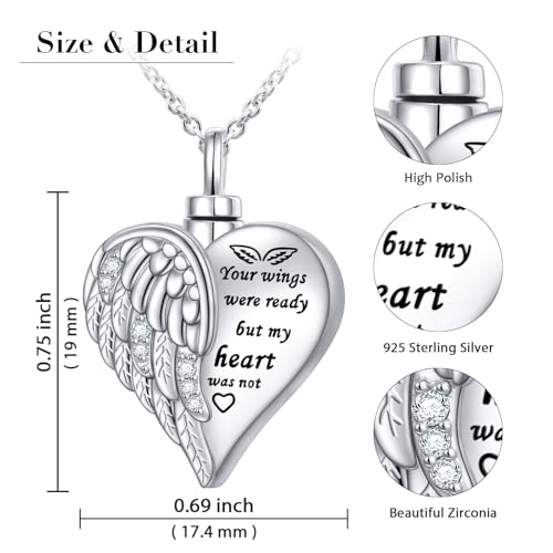 Urn Necklaces for Ashes Sterling Silver Cremation Pendant for Loss Angel Wings