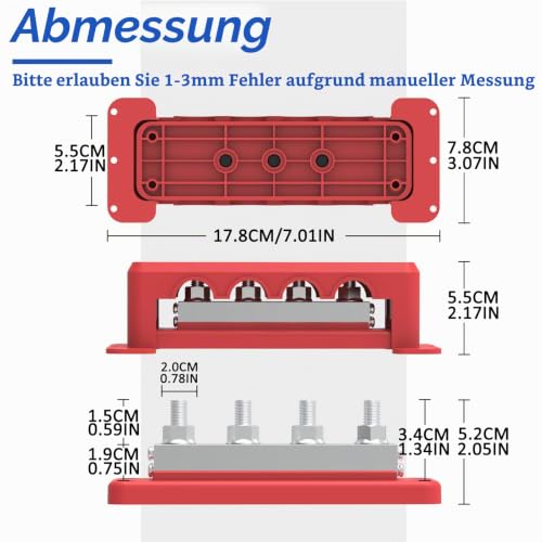 Bus Bar 600A 12V Power Distribution Block with 3/8 Inch (M10) 4-Post Terminal Block with Cover for Automotive, Marine, Battery System (Red) 600A-3/8'' (M10) red