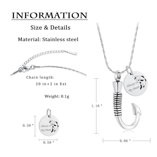 constantlife Cremation Jewelry for Ashes Urn Memorial Necklace Fish Hook Design Stainless Steel Pendant Keepsake Ashes Holder Always In My Heart-Silver