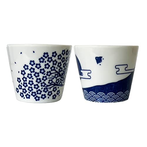 Japanese Sake Cups Set of 2- Sakura and Mt. Fuji Design, Indigo Color Pottery, 3.9 fl oz, For Cold and Hot Drink, Soup Cup Aperitif Tea Cup with Gift Box