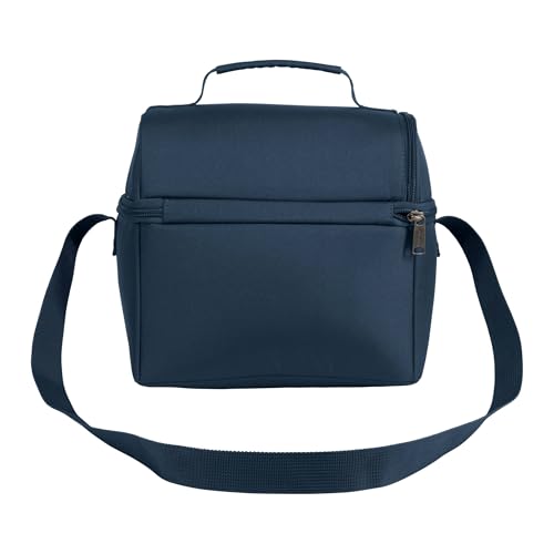 Carhartt insulated lunch cooler with two compartments, navy color, durable fully-insulated design, ideal for carrying 12 cans.