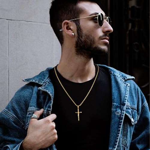 Cross Necklace Stainless Steel Gold/Silver Crucifix Necklace for Men Women A Plated 14k Gold 55+5cm
