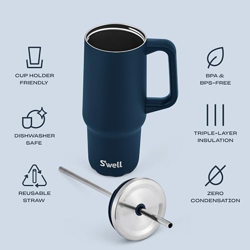 S'well Recycled Stainless Steel Tumbler XL with Straw and Handle, 30oz, Azurite, Triple Layered Vacuum Insulated Container Keeps Drinks Cold 36 hours and Hot for 9, BPA Free
