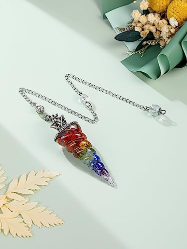 Jovivi Natural 7 Chakra Crystal Pendulums for Divination Dowsing, Crown Sprial Cone Pointed Pendant Pendulum with Chain, Resin Chip Stones Healing Reiki Chakra Gemstone Pendulum Wiccan Witchcraft