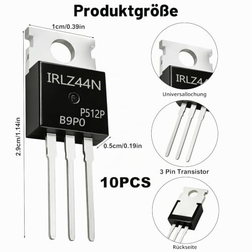 IRLZ44N N-Channel MOSFET Transistor 55V 47A 3-Pin TO-220AB Pack of 10 | IRLZ44N PBF Transistors Module for Switching PWM DIY Electronics, MOSFET Field Effect Transistor Rectifier for Motor Control