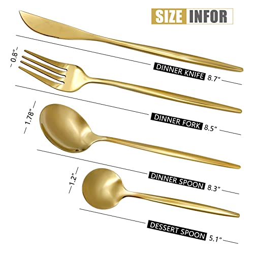 Zalaxt 24-piece gold stainless steel flatware set with knives, forks, and spoons for six, elegant home dinnerware and tableware.