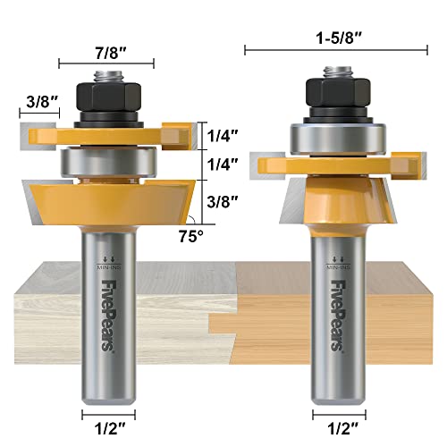 Fivepears Shaker Rail and Stile Router Bits Set 1/2 Inch Shank, 3/8 Inch Cutting Depth, Up to 7/8 Inch Stock, Shaker Style Router Bit for Making Kitchen Cabinet Door Wood Flooring Raise Panel. Shaker - Up to 7/8" Stock - 1/2" Shank