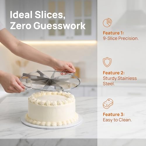 Cabilock 9-Slice Cake Portion Marker, Stainless Steel Round Cake Divider with 2 Handles, Pie and Dessert Slice Guide for Cutting, Bakery, Wedding, Birthday Party and Kitchen Use