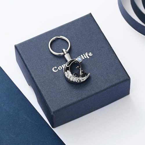 constantlife Cat Moon Urn Necklace for Women Pet Cremation Jewelry for Ashes Stainless Steel Pendant Funeral Keepsake Loved Ones Memorial Gift Black Keychain