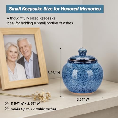 abooxiu Small Urns for Human Ashes Keepsake 3.93 Inch Mini Urn for Ashes Handcrafted Blue Glaze Ceramic Cremation Urn for Adult Female Male, Decorative Memorial Funeral Burial Urns for Home Display