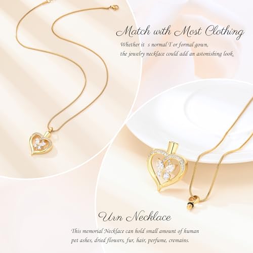 Minicremation Cremation Jewelry Butterfly Heart Urn Necklace for Ashes for Women Urn Pendant Birthstone Locket Crystals Ash Loved One Memorial Keepsake Pendant Gold-White